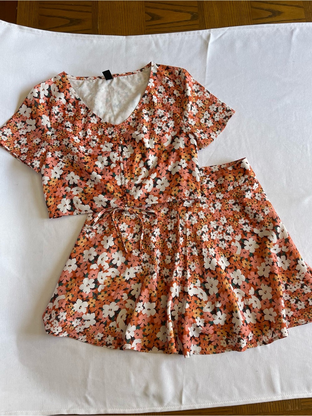 Floral Two-Piece Set - Crop Top & Mini Skirt M Orange Pink fairy festival